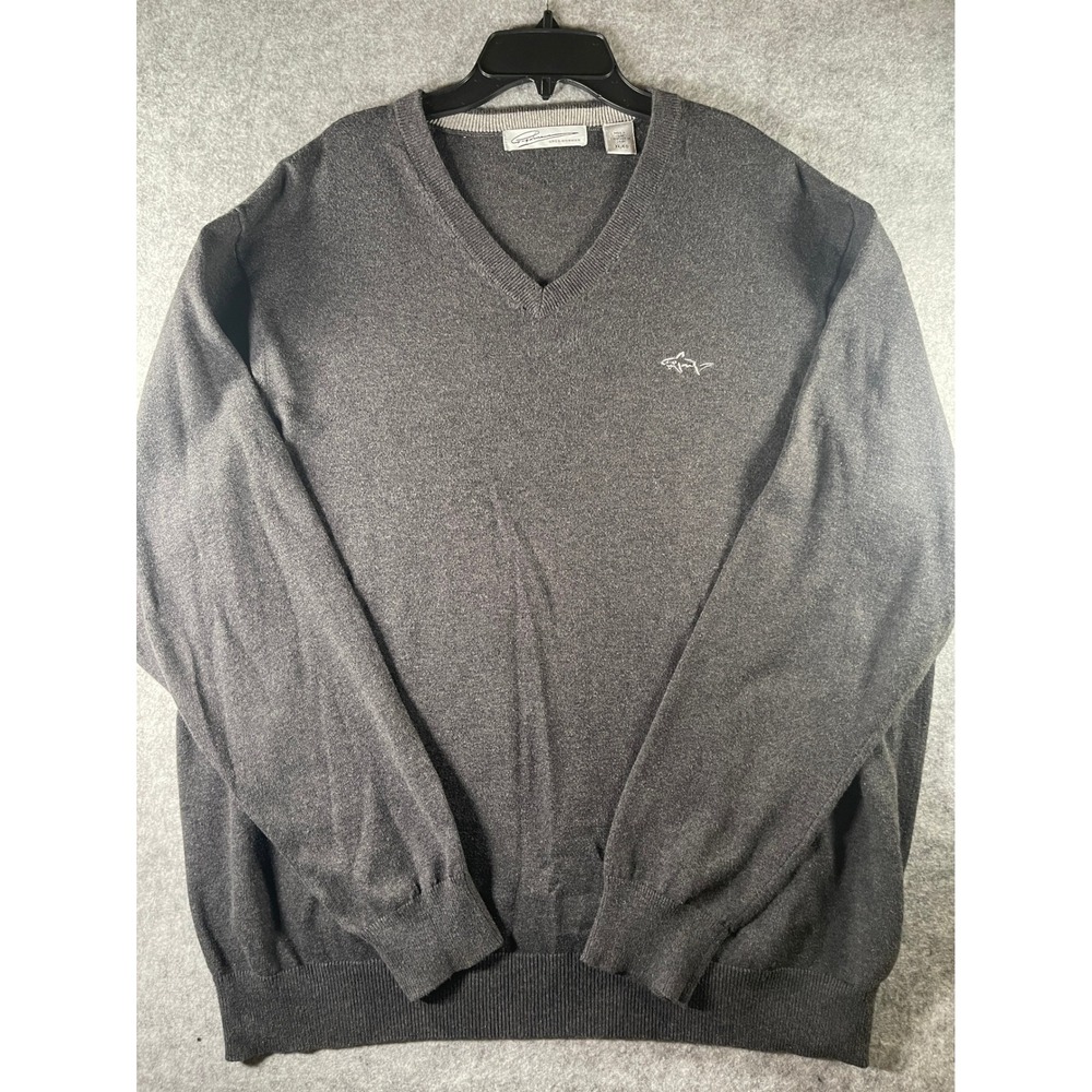 Greg Norman Mens V-Neck‎ Sweater XL Charcoal Gray Heather Shark Logo Pullover